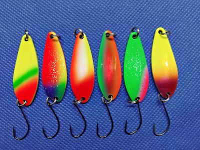 6 AEW UV SPOONS 4CM - 5 G.  SET BLINKER TROUT FORELLEN UL KÖDER WOBBLER SPINNER