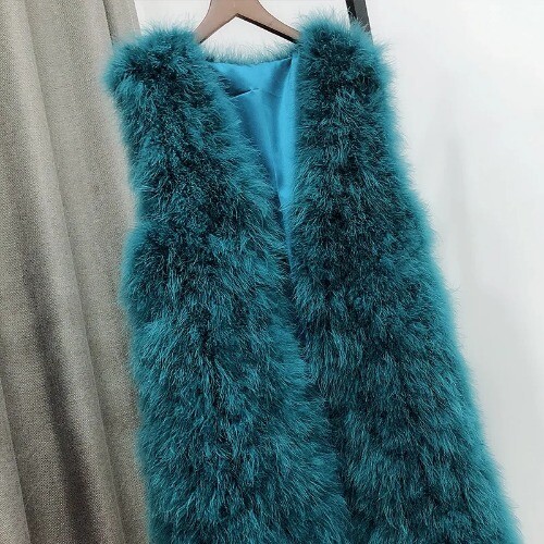 New Real Natural Ostrich Fur Vest Women's Fashion Jacket Gilet 70CM Length - Picture 30 of 33
