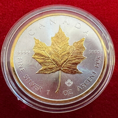 #ad 1 Troy OZ .9999 Silver 2018 Canadian Maple Leaf Coin w 24 K Gilding by SFS $170.00