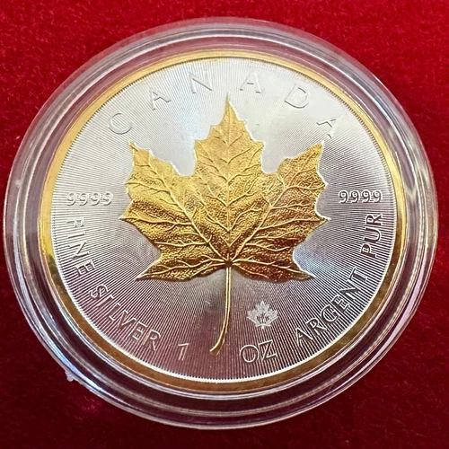 1 Troy OZ .9999 Silver 2018 Canadian Maple Leaf Coin w/ 24 K Gilding by SFS