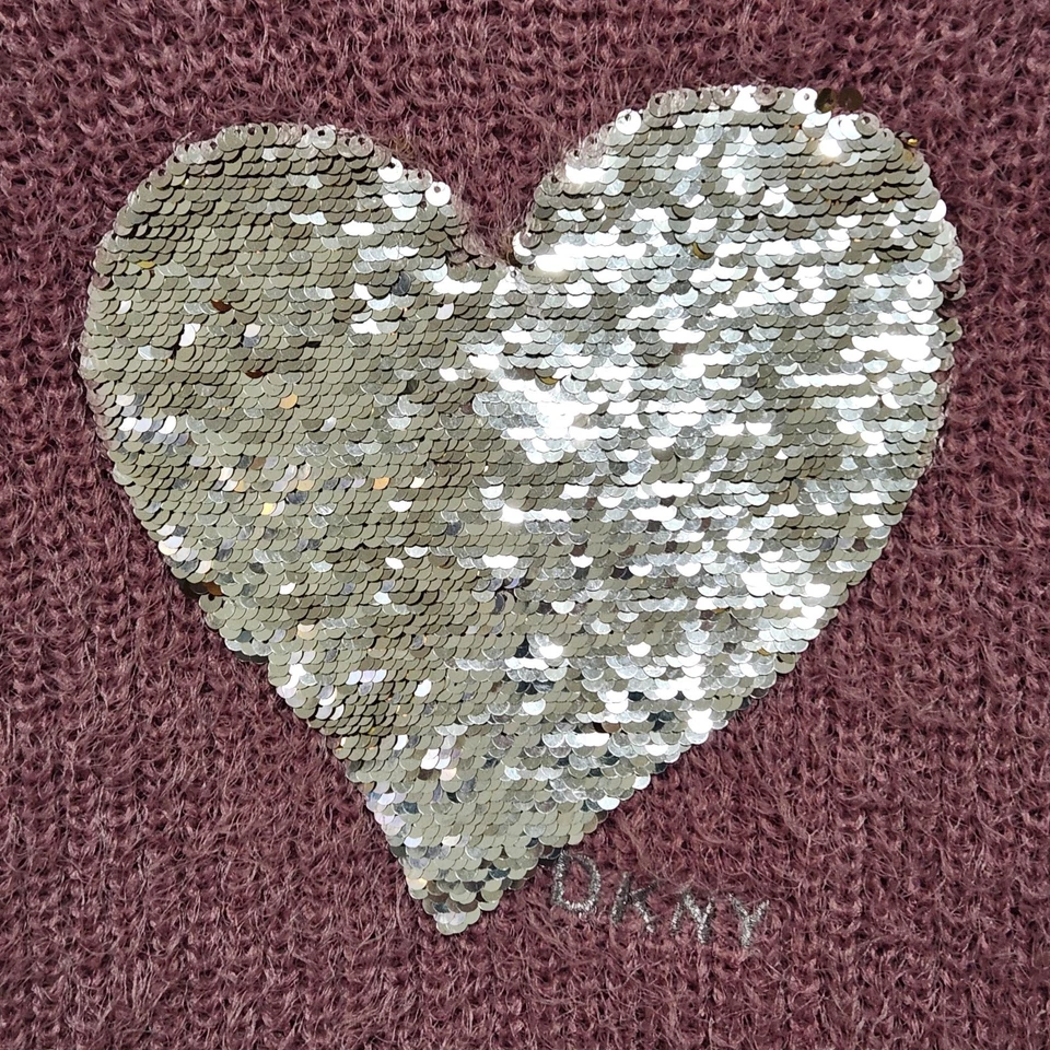 Suéter DKNY Niñas 7 Rosa Difuso Suave Abatible Lentejuelas Corazón Manga Larga Pullover Glamour Foto 3 de 4