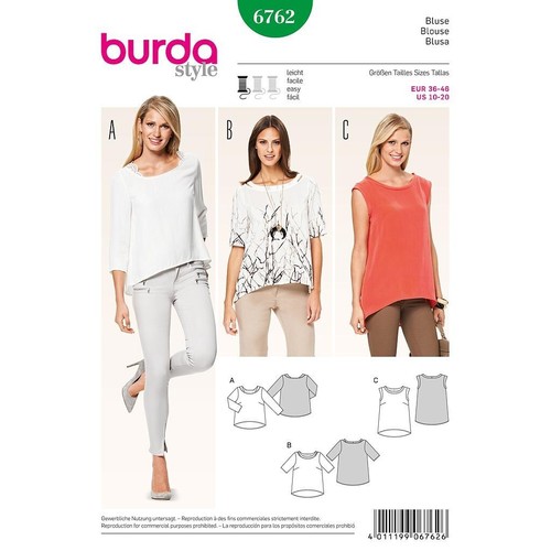 Patron De Couture Burda 6762 - 3 Créations De Blouses Style Boxy, Tailles 38 à 48, Occasion