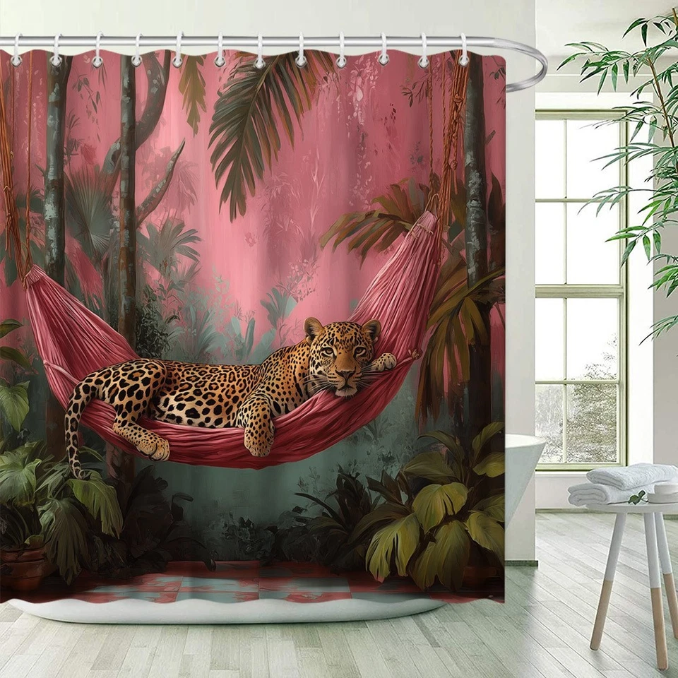 Pink Leopard Shower Curtain Set Stylish Animal Print Bathroom Decor - Image 4 of 4