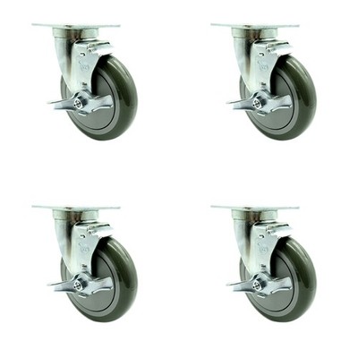 SCC - 5'' x 1.25'' Gray Polyurethane Wheel Swivel Casters w/Brake - Set of 4