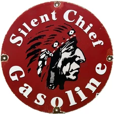 VINTAGE SILENT CHIEF GASOLINE PORCELAIN GAS STATION SIGN MOTOR OIL PUMP PLATE