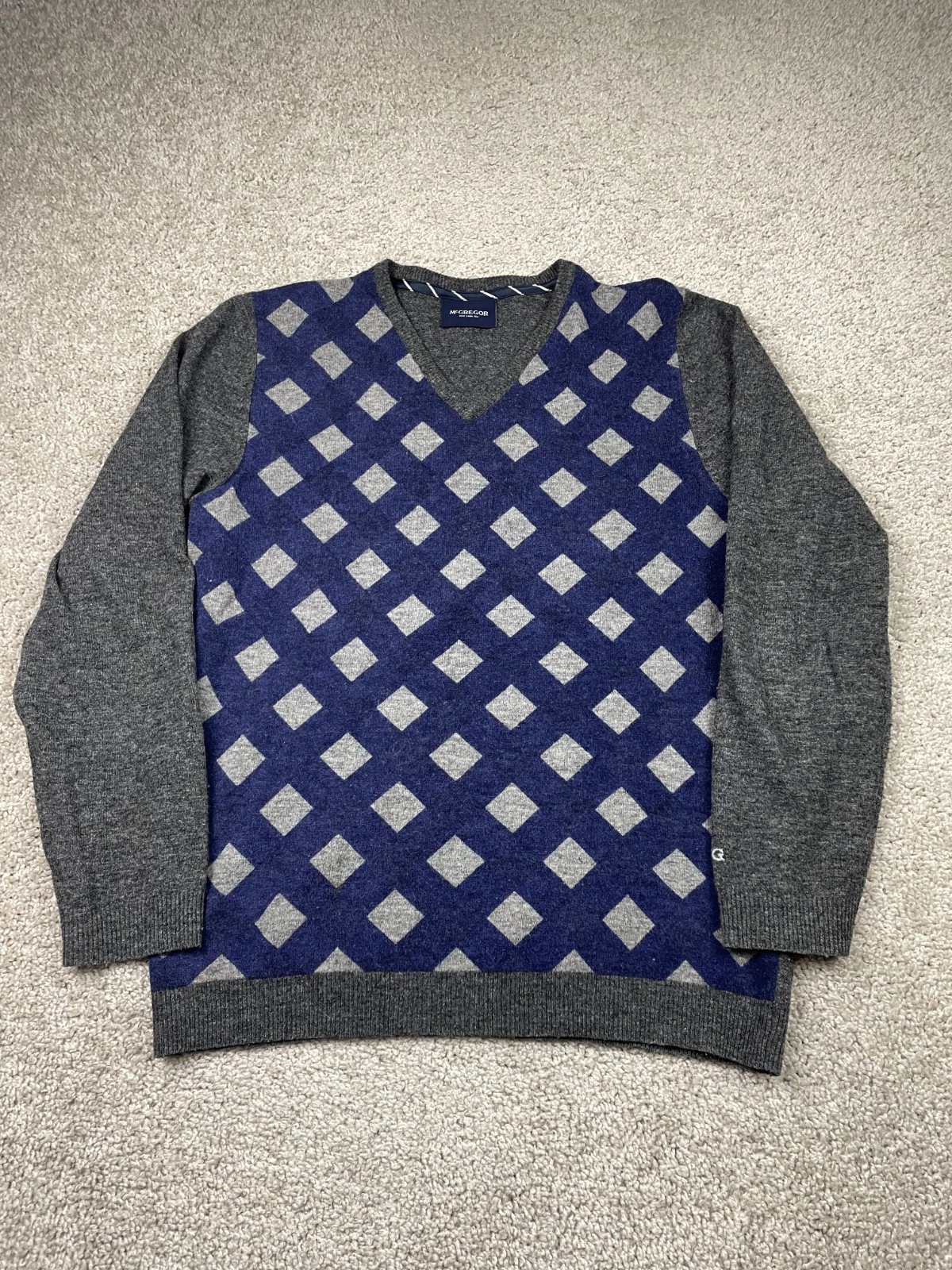 McGregor Sweater Men's Medium Blue Diamond Argyle Lambswool Blend Preppy