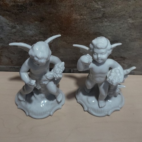 Vintage Dresden Pair White Porcelain Cherub Figurines Summer Four Seasons - Picture 3 of 11