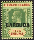 BARBUDA 1922 KGV OVERPRINTED 5/- LEEWARD ISLANDS
