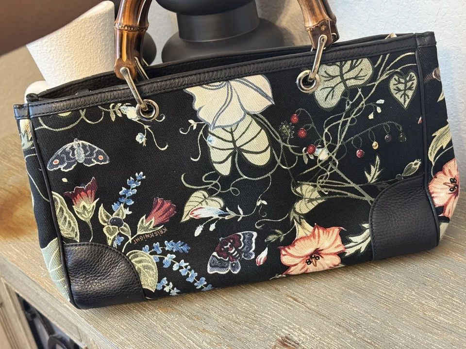 Gucci Black Flora Bamboo Shopper Handbag Kris Knight Medium Canvas Leather 2 Way - Image 3 of 4