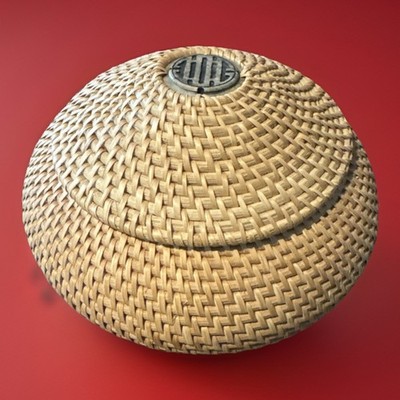 Vintage Melon Woven Asian Basket Round Box w Medallion Top Nice Design Basket