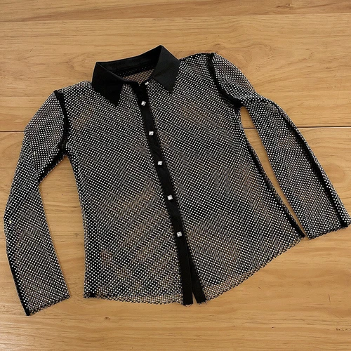 Lady Rhinestone Crystal Shirt Party Blouse Net Sheer Shiny Glitter Club Wear - Picture 5 of 16