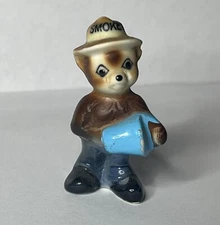 Vintage Miniature Bone China Smokey The Bear With Blue Bucket Figurine Japan
