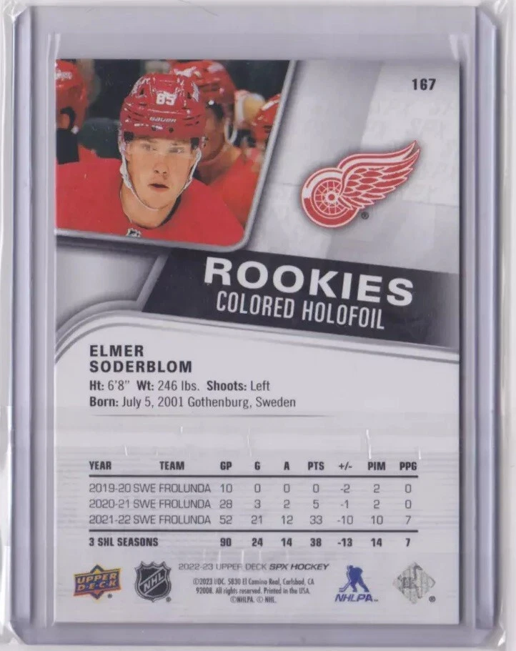 2022-23 UD SPX ROOKIES COLORED HOLOFOIL PARALLEL /149 ELMER SODERBLOM #167 WINGS - Image 2 of 2