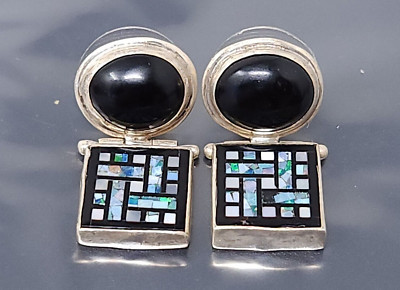 Vintage Sterling Silver Square Knot Opal Mosaic Dangle Earrings