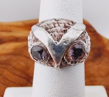 Vintage Sterling Silver 925 Owl Bird Purple Eyes Ring Sz 5