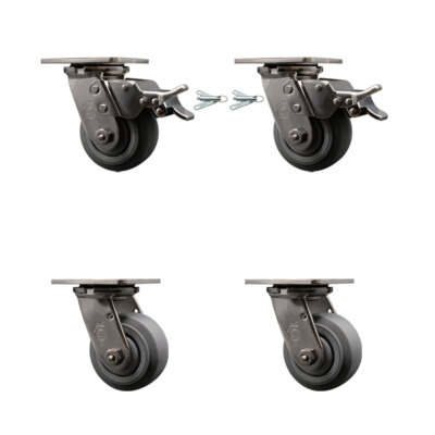 4 Inch 316SS Thermo Flat Tread Caster Set w/Roller Bearings 2 Swvl Lock 2 Brakes