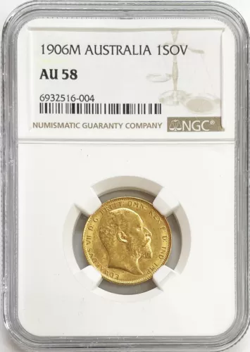 1906 M GOLD AUSTRALIA 1 SOVEREIGN KING EDWARD VII ST. GEORGE COIN NGC AU 58