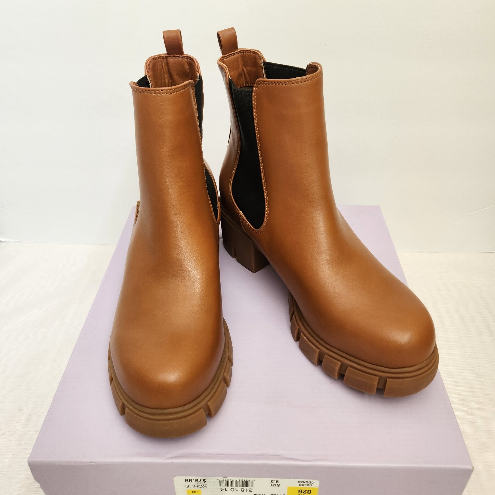 Madden Girl Womens 9.5M Tessa Ankle Chelsea Boots Cognac Lug Sole Chunky Y2K