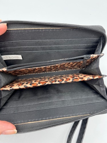 Black Faux Leather Zip Around Wallet Leopard Interior Pocket Gold Toned - Picture 15 of 18