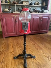 Vintage Carousel Red Cast Metal Glass Gumball Candy Machine with Black Stand