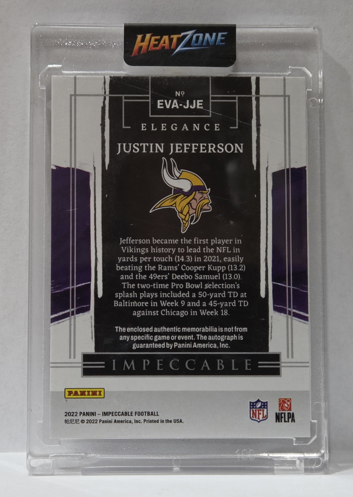 Justin Jefferson 2022 Panini Impeccable Elegance Patch Auto 13/49 Vikings view 2