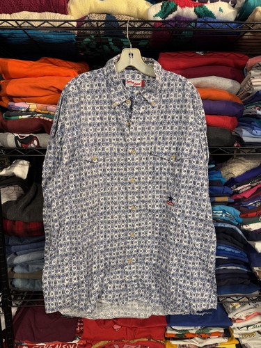 Tony Lama, Vintage Tony Lama Shirt Mens XL Blue Geometric Western Snap Button Hong Kong 80s