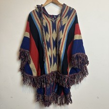 Vintage 70 s Cuddle Knit Poncho Womens OS Hooded Fringe Southwestern Cowboy Boho
