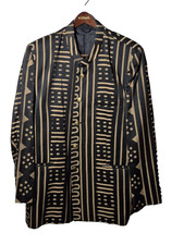 African Mens Ashro 42 Black Tan Mudcloth Geometric Print 2 Piece Suit NEW
