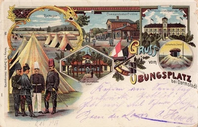 Darmstadt 1908 Ansichtskarte Übungsplatz Zeltlager Soldaten Militär antike Litho - Bild 1 von 4
