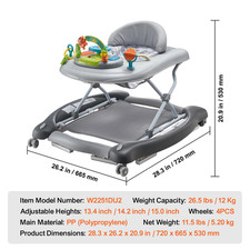 4-in-1 Baby Walker, Foldable Height Adjustable, Anti-Fall, Music  Toy Tray