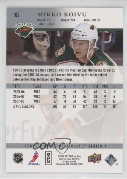 2008-09 Upper Deck UD Exclusives /100 Mikko Koivu #102 - Image 2 of 2