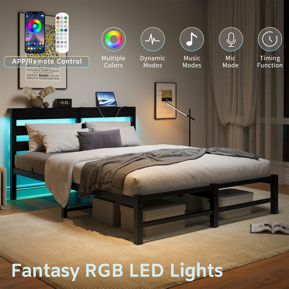 Twin/Full/Queen Size LED Bed Frame Metal Platform Bed w/ Headboard and