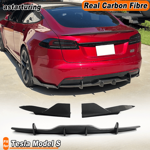 For Tesla Model S 2021-2024 REAL Carbon Rear Bumper Diffuser Splitters Lip Fins - Picture 1 of 13