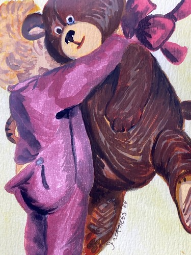 Watercolor Art Toddler In Jammies Hugging Teddybear Vintage 1984 Nostalgic Retro - Picture 17 of 18