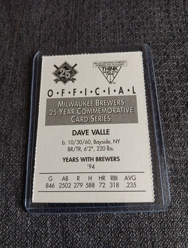 DAVE VALLE 1994 MILWAUKEE BREWERS MILLER BREWING RARE BASEBALL CARD SGA - Picture 2 of 2