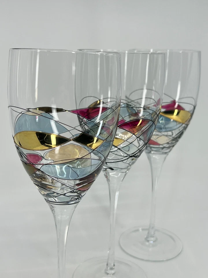 "3 copas de vino StunniMilano Fostoria Rumania mosaico manchado sopladas a mano 10,75"" WOW" Foto 3 de 4