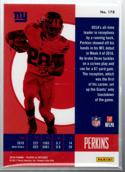 B3196- 2016 Panini Plates and Patches Blue #178 Paul Perkins /50 - NM-MT - Image 2 of 2