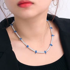 Women Chic Silver Plated Blue Enamel Charm Round Cubic Zirconia Tennis Necklace