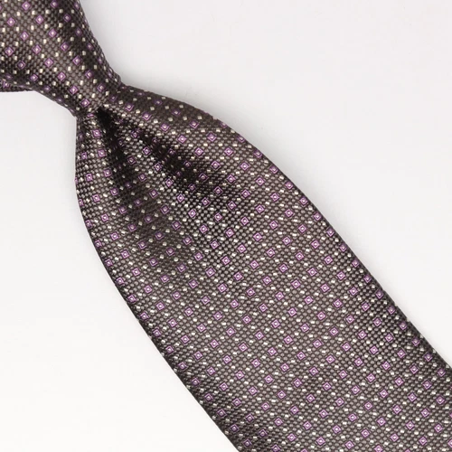 John G Hardy Mens Silk Necktie Gray Purple White Dotted Check Weave Tie Italy