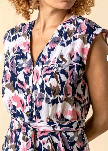 ROMAN Pink Abstract Floral Print Button Down Dress Womens UK 12 (No Fabric Belt) - Picture 3 of 12