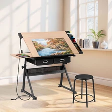 Drafting Table with Stool Set Artist Workstation Natural Writing Desk Home 