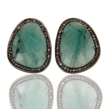 Pave Diamond Emerald Gemstone 925 Silver Stud Earrings Black Rhodium Jewelry