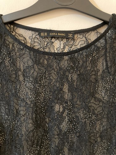Zara Black Lace Sheer Long Sleeve Party Top, Gold Embellishment, Size XS, VGC - Picture 2 of 5