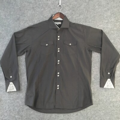 Bona Fide Genius Dress Shirt 18.5 Flip Cuff Double Square Button Brown Pinstripe