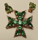 Vintage Weiss Signed Maltese Cross Green Clip Earrings Set Gold Tone Brooch #39 — photo 8