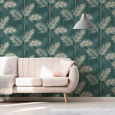 Fine Decor South Beach Palm Blatt Tapete Emerald Grün Metallic Tropisch FD42679