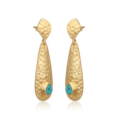 Hammered Band Designer Turquoise Earring 18k Gold Plated Women Earrings Jewelry - Picture 2 of 5