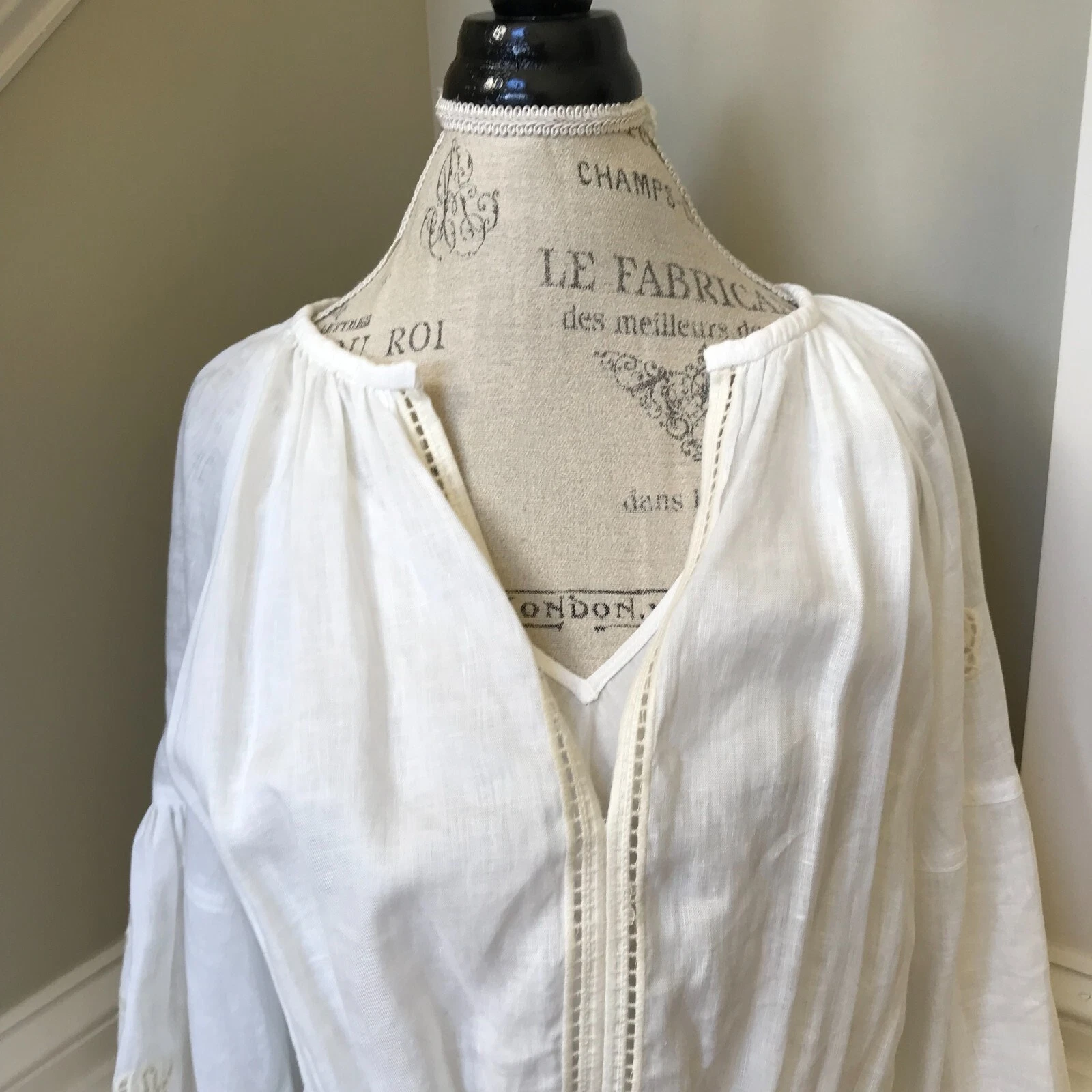 OFF WHITE Abito midi ALC Capri donna 14 avorio bianco sporco scollo a V maniche lunghe lino occhielli