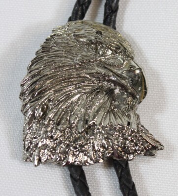 Vtg Raintree Bolo Tie American Bald Eagle Head Silver Western Cowboy Rodeo 1991