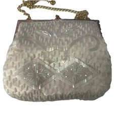 Vintage White With Gold Chain Beaded Purse/Clutch Hand Made In Hong Kong
